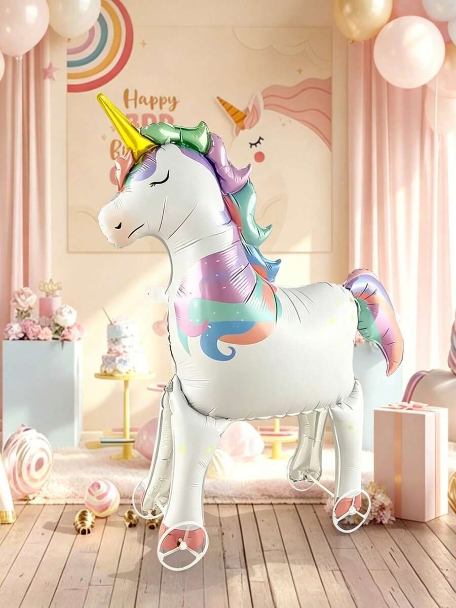 1 Set (Includes Accessories) Cartoon Unicorn Aluminum Foil Balloon With Wheels, Suitable For Birthday Outdoor Toy Balloon - View 1