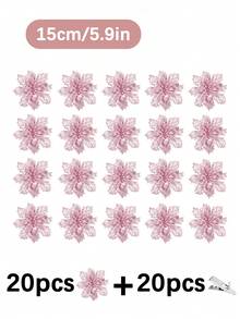 1/5/10/20入 金色亮片一品紅人造聖誕花夾飾，3.5"/5.9"/9.4"花頭，適用於聖誕樹、花環、婚禮、新年派對、樓梯、窗戶、壁爐、露台及節日裝飾 - 粉色 - 查看 17
