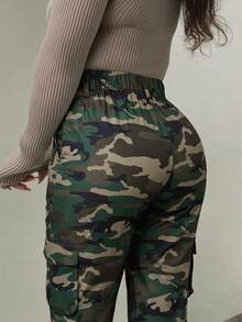 Women's Camouflage High Waist Cargo Pants, Multi-Pocket Wide Leg Trousers, Streetwear & Y2K Daily Outfits - Xanh quân đội 2234 - Xem 4