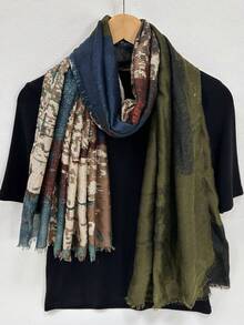 1pc Lightweight Beach Accessories Four-Season Scarf/Shawl/Beach Cover-Up Featuring Small Flower Patterns, As Headscarf For - Olive Green - View 8