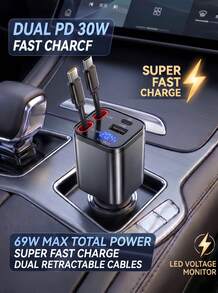 YITUMU Charger Mobil Lipat 69W dengan Layar Tegangan LED, Adaptor Pengisian Cepat 4-in-1, Termasuk USB C dan Dua Kabel Lipat. - 2026 - View 2