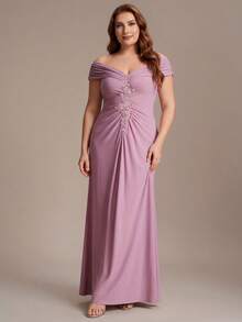 EVERPRETTY Elegante vestido largo formal de talla grande para mujer en color rosa loto, con cuello en V y patchwork bordado, encantador vestido formal sin mangas para la madre de la novia, adecuado para fiestas nocturnas, bodas y ocasiones formales - Rosa vieja - Ver 4