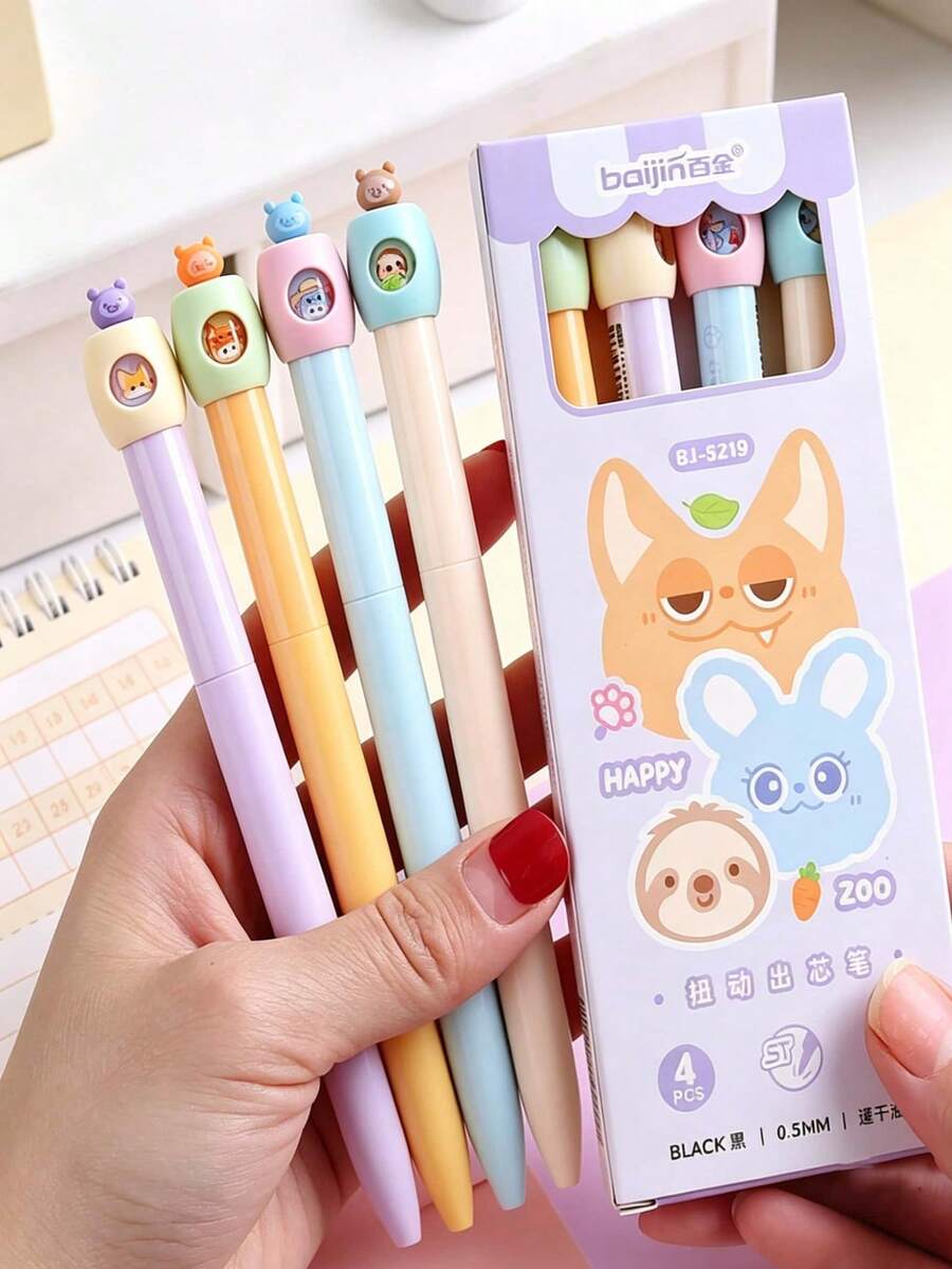 4pcs/Set Cute Animal Twist Neutral Gel Pens, Retractable Press Pens, 0.5mm, Cartoon Quick-Dry Black Ink Pens, Suitable For Students Writing, Journaling, School, Office - Multicolor - View 1