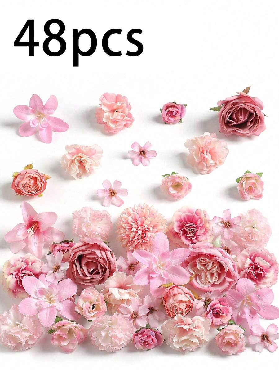 48 PCS Mixed Style Artificial Flower Heads For Spring & Summer, Including Artificial Roses, Peonies, Daisies And More. Featuring Realistic Texture. Perfect For Wedding Floral Decor, Home Decoration, Wreath Making, Flower Embellishments For Bags & Hats, And Table Centerpieces. Suitable For All Seasons. - Pink Series - View 1