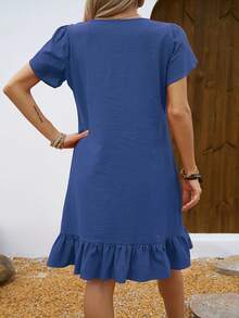 Vestido de Mujer con Cuello en V, Mangas de Concha y Volantes - Azul - Ver 2