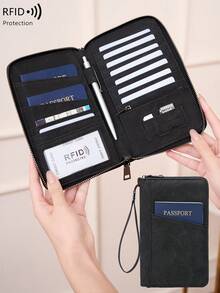 CHARM INFINITE RFID Blocking Travel Passport Wallet, Faux Leather Zipper Organizer Bag With Wrist Strap, Multiple Card Slots And Folders - Black - View 2