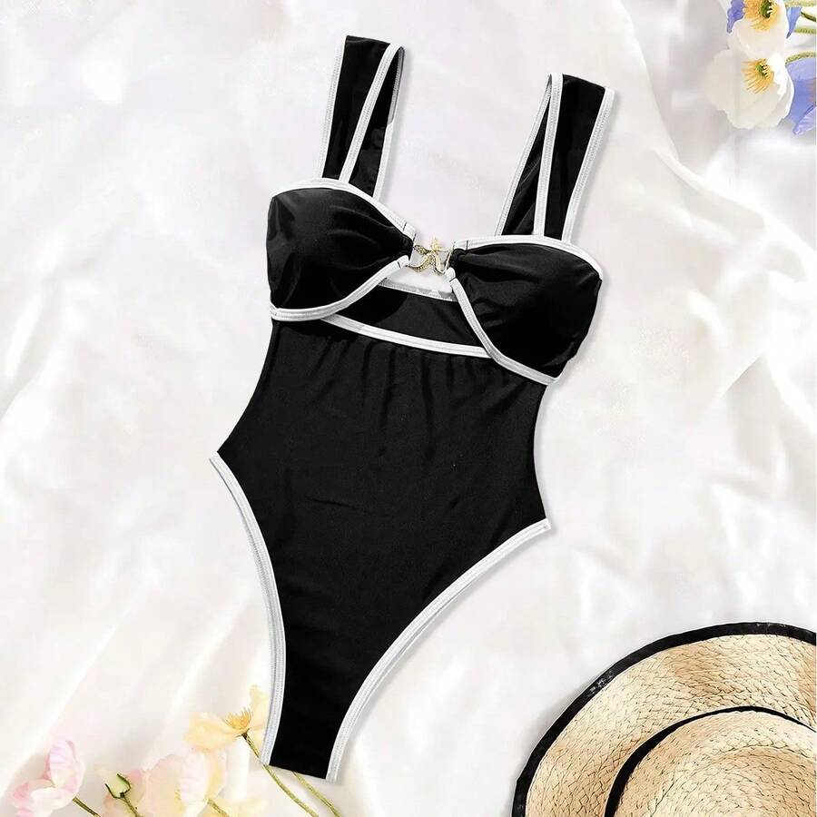 Traje de baño de una pieza de nailon para mujer, para fiestas de vacaciones y playa, bikini - Negro - Ver 1