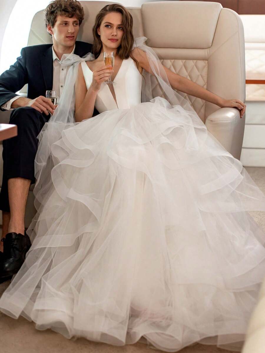 Vestido de novia elegante y sexy, vestidos de la Oficina del Registro Civil, vestido de novia, vestido de fiesta de noche, vestido de fiesta de cumpleaños, boda en el campo, vestido romántico de ceremonia religiosa, adecuado para bodas, citas, fiestas, fiestas de solteros, vacaciones, ocasiones formales, vestido de cena, vestido de graduación, baile de graduación, fiesta de cóctel, vestido de invitados a la boda, graduación - Blanco - Ver 1