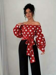 Elegant Women's Off-Shoulder Blouse With Polka Dots And Front Bow - Puff Sleeves, Round Neck, White, Machine Washable, Ideal For Casual Or Semi-Formal Wear In All Seasons - [紅色的] - 查看 4