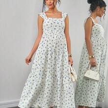 YYRR Momance Vestido de maternidad con tirantes anchos, ribete de volantes, espalda con cruce y lazo, silueta ajustada en línea A, falda de varios niveles, vestido largo con estampado floral - Azul y blanco - Ver 7