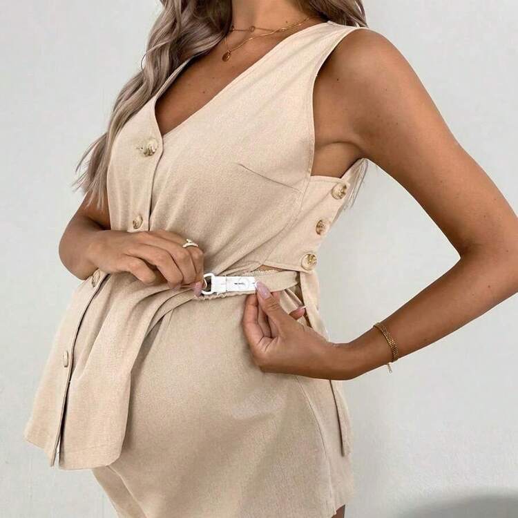 WNSS  Set casual de 2 piezas de top con escote en V y botones delanteros con abertura y shorts para maternidad - Verde - Añade 7