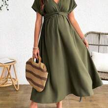 Cheriluna Maternity Vestido elegante de manga corta con cuello en V y cintura retorcida, estilo vuelo, para maternidad, verano - Verde militar - Ver 1