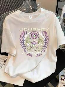 Top de mujer de manga corta y cuello redondo con estampado de flores moradas con alas, apto para todas las estaciones. - Blanco - Ver 1