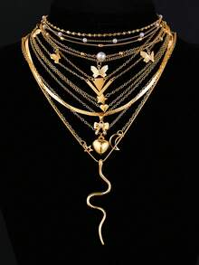 Random 3-24pcs Faux Pearl Star Moon Heart Flower Butterfly Starfish Shell Bow Cross Geometric Layered Necklace Set - Yellow Gold - View 4