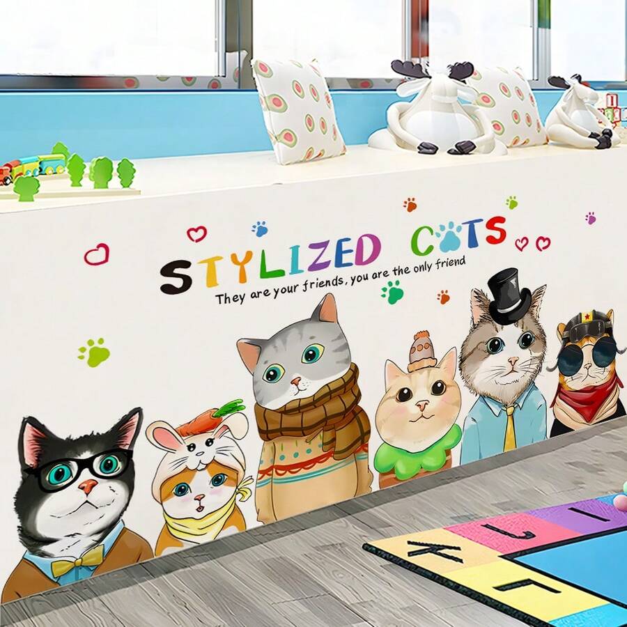 1PC Colorful Cute Cat Wall Decal, Cartoon Cat Combination Decorative Sticker, Removable PVC, Game Room / Children's Bedroom / Nursery Decoration - View 1