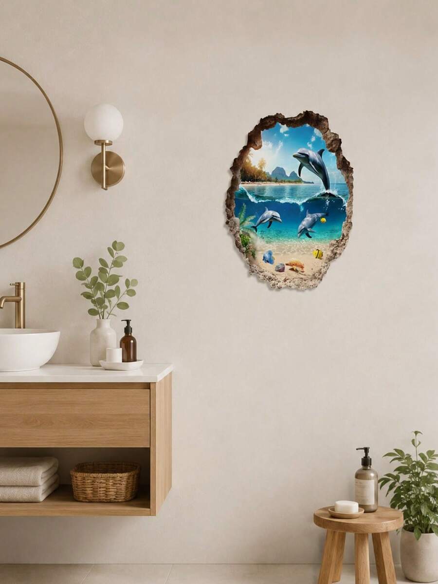 1片 30x40cm 可拆卸海豚與海洋場景牆貼,適合浴室裝飾 - D - 查看 1
