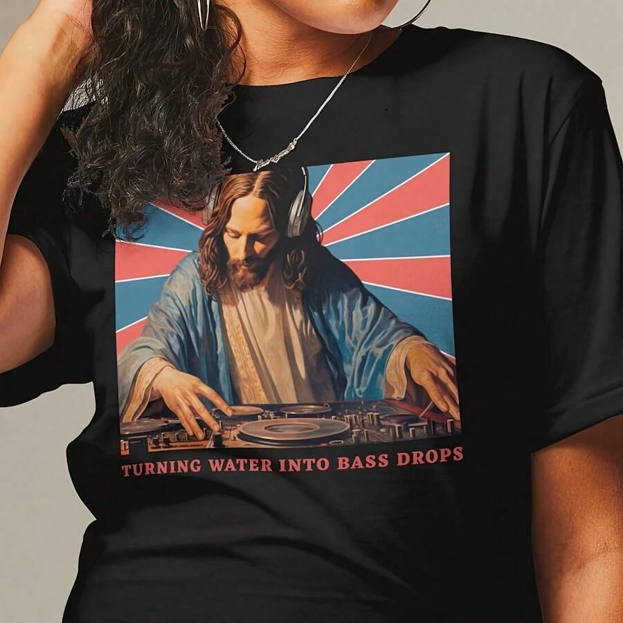 DJ Jesus Shirt, Jesus Meme T-Shirt, Funny Gift For DJ, Funny Club Tee, Funny Cistian Gift, Music Lover Shirt, Gag Gift, Cist Meme Tee - Negro - Ver 1