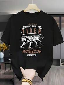 New Versatile Casual Fashion T-Shirt, 100% Cotton, Short Sleeve Print - Black Background With White Tiger Print And Inspirational Text, Unisex (For Men And Women), Comfortable Material, Short Sleeve T-Shirt, Suitable For All Seasons. Gift For Holidays And Birthdays - Unisex Style. - 白色 - 查看 6