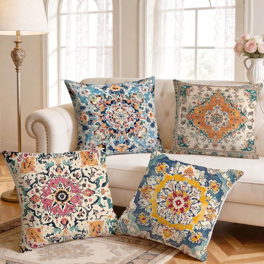 4 Stücke Set Bohemian Retro Muster einseitig bedruckte Kissenbezüge/Zierkissenbezüge, dekorative Kissenbezüge für verschiedene Szenen und Atmosphären, geeignet für Wohnzimmer, Sofa, Schlafzimmer, ohne Kissenfüllung, 40x40cm/45x45cm/50x50cm - Verschiedenfarbig - Übersicht 1