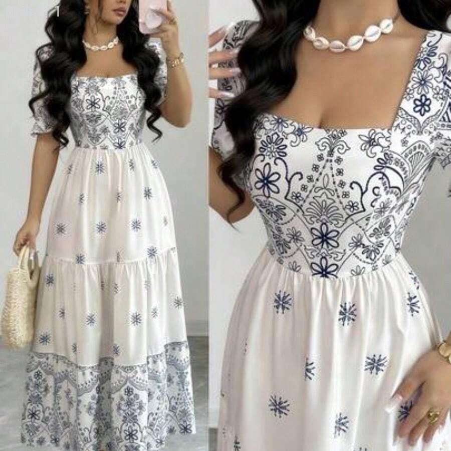 jianchaimaoyi02 Vestido casual/de trabajo de manga corta con cuello cuadrado y cintura ceñida en línea A con estampado para mujer - Multicolor - Ver 1
