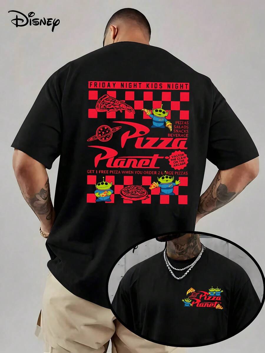 Disney Collab Toy Story Pizza Planet Double-Sided Print T-Shirt, Men's Oversized Graphic Tee, Summer Outfits For Men, Summer Clothes, Casual Streetwear Top - 黑色 - 查看 1