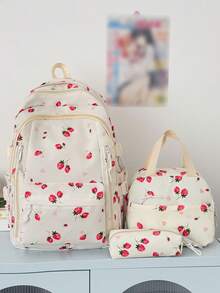 3pcs Nylon Bow Print Backpack Set, Foldable Multi-Pocket Large Capacity Zipper Backpack, Suitable For Teenagers And High School Students - Beige - View 13