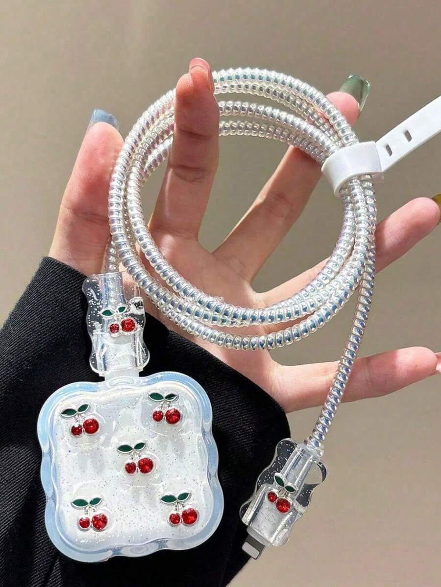 銀色蝴蝶結/櫻桃/花朵設計 防刮耐摔 Apple 20W 英國插頭充電器保護套，相容 iPhone 數據線保護套