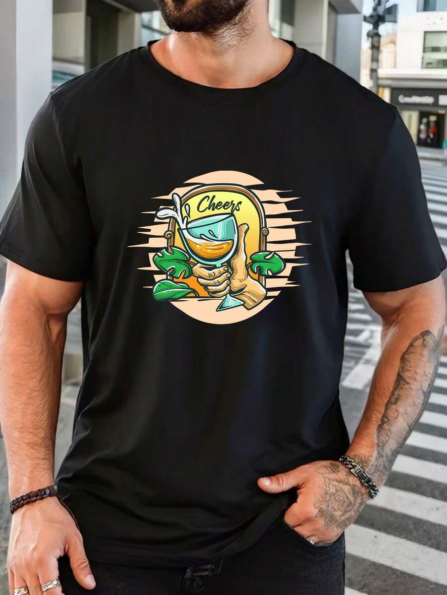Camiseta de manga corta de algodón puro para hombre, casual y transpirable, con estampado gráfico 'Cheers' de diseño de bebida, regalo de Navidad para él, regalo de Año Nuevo y vacaciones, moda de uso diario, ajuste holgado, cómoda, ropa urbana 2026, prenda ligera de tela suave, fácil de combinar, atuendo de vacaciones, regalo de cumpleaños para novio, esposo, papá, amigo, idea de regalo para vacaciones europeas - Negro - Ver 1