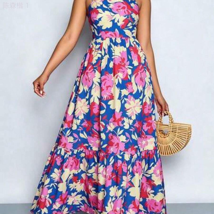 jianchaimaoyi02  Vestido maxi de estilo fluido con rayas, con tirantes y detalles de recogido en el pecho, adecuado para vacaciones, playa, ir al trabajo y uso casual, elegante vestido (floral aleatorio) - Rosa - Ver 1