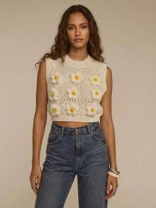2026 Studio Blusa de punto sin mangas con estampado floral 3D para uso casual y vacaciones en la playa de las mujeres - Blanco - Ver 1