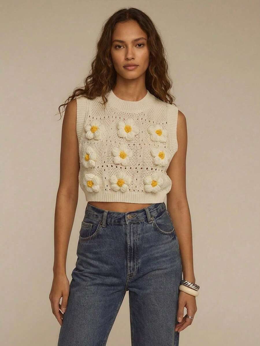 2026 Studio Blusa de punto sin mangas con estampado floral 3D para uso casual y vacaciones en la playa de las mujeres - Blanco - Ver 1