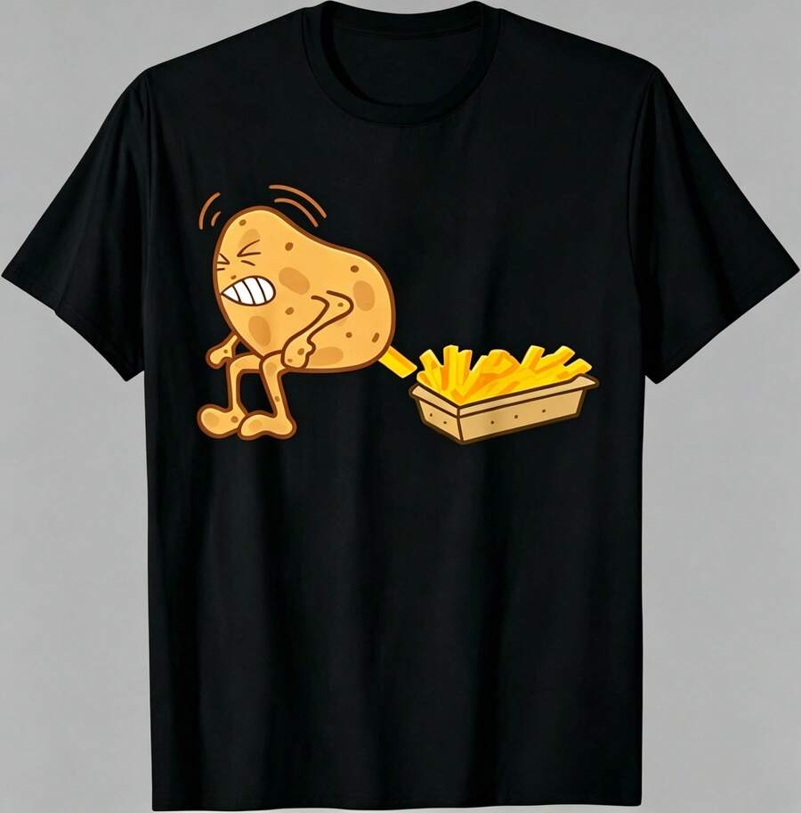 Vibrant French Fry Lovers-Shirt - Funny Cartoon Potato Popping French Fries Graphic T-Shirt, Crew Neck Unisex Foodie Casual Short Sleeve Tee - 黑色2 - 查看 1