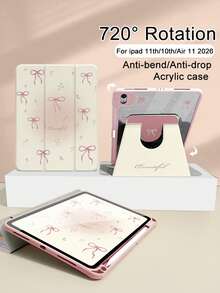 Pink Bowknot Pattern Rotating Acrylic 1pc Double-Sided Printed Protective Case Suitable For IPad 10/Air 8 2026/11th-A16 2025 Tablets Support Auto Wake/Sleep Non-Magnetic With Pen Slot Suitable For Both Men And Women Essential Protective Accessory For Office And Study Professional - Multicolor - View 3