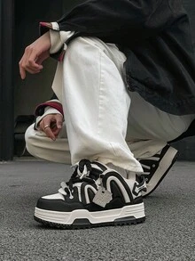 Q-AND 黑白對比原創設計運動滑板鞋 女款厚底防滑 Y2K 情侶麵包鞋 學生個性化戶外穿搭 時尚款 適合運動、滑板、節日禮物 - 黑色 - 查看 10