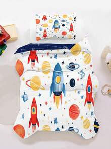 2/3pcs Cute Rocket Space Bedding Set, Soft Planet Print Duvet Cover Set With Pillowcases, Suitable For Children And Teenagers Boys And Girls Room Decor, All Season Use, With Zipper Closure 150x200cm - Multicolor - View 6