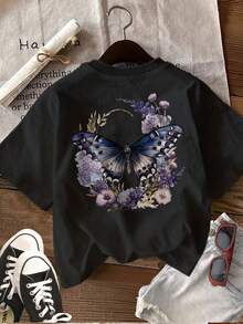 Minimalist. 100% Cotton. 1 Piece [Positive And Negative Double-Sided Printing]. Women's Summer Top, Watercolor Style, Floral Butterfly, No Print, Casual Everyday, Round Neck, Short Sleeve. Spring/Summer T-Shirt. - 黑色 - 查看 2