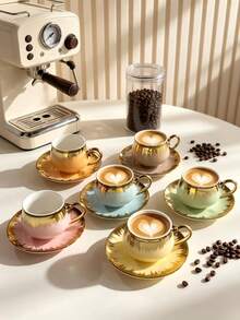 6pcs/1set 90ml/3.Oz Colorful Gold-Rimmed Coffee Cup And Saucer Set, Includes Coffee Cup And Tea Saucer, Dishwasher . Heat Resistant And Easy To Clean, Elegant White Porcelain Tea Cup With Gradient Gold Rim, Modern Luxury European Style Latte Mug With Gold Decorative Strip - Multicolor - View 1