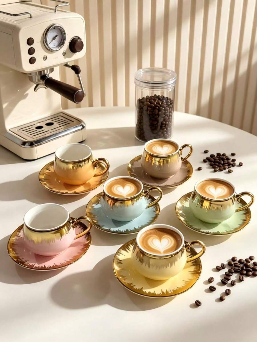 6pcs/1set 90ml/3.Oz Colorful Gold-Rimmed Coffee Cup And Saucer Set, Includes Coffee Cup And Tea Saucer, Dishwasher . Heat Resistant And Easy To Clean, Elegant White Porcelain Tea Cup With Gradient Gold Rim, Modern Luxury European Style Latte Mug With Gold Decorative Strip - Multicolor - View 1