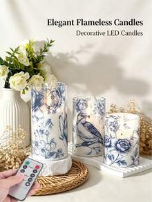 Blue And White Porcelain Floral Bird Print Electronic Candle Set, 3pcs, Remote Control Timer Solar Powered Waterproof LED Faux Candles, French Vintage Blue And White Pattern Glass Cup Candles, Romantic Atmosphere Decor, Christmas / Wedding / Birthday / Valentine's Day / Party Home Decor, Suitable For Living Room, Bedroom, Bathroom, Outdoor - Blue and White Porcelain - View 3