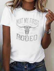 Women's Soft Graphic Tee - Western Cowboy Inspired Skull Design With 'Not My First Rodeo' Phrase - Lightweight Casual Top For Parties And Ranches - Comfortable Year-Round Black O - White - View 1