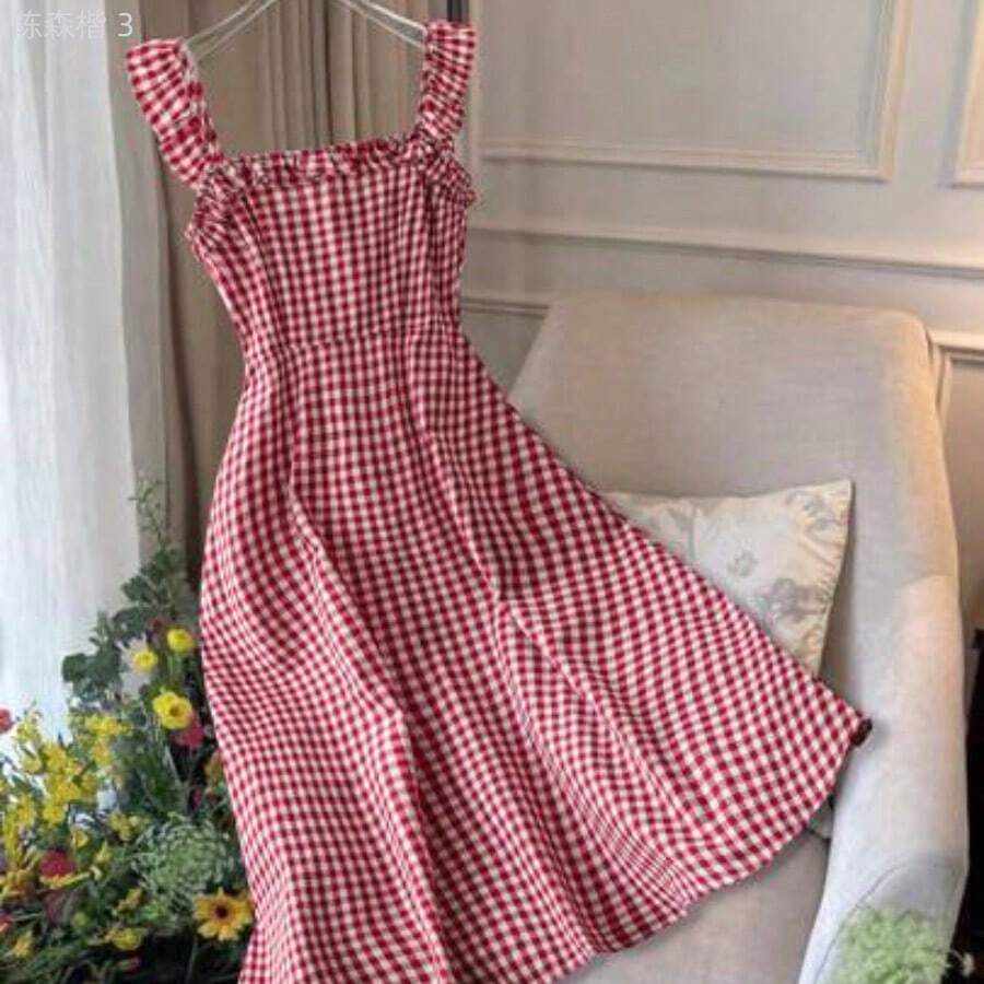 yonghongmaoyi1  Vestido midi de línea A con tirantes de espagueti a cuadros rojos, casual y de vacaciones para mujer, primavera/verano - Rojo y blanco - Ver 1