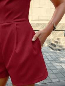 Solid Color One-Shoulder Casual Jumpsuit With Pockets, Suitable For Summer Vacation, Wedding, Outing And Other Occasions, Women's Simple Solid Color Casual Sleeveless Jumpsuit - Redwood - View 9