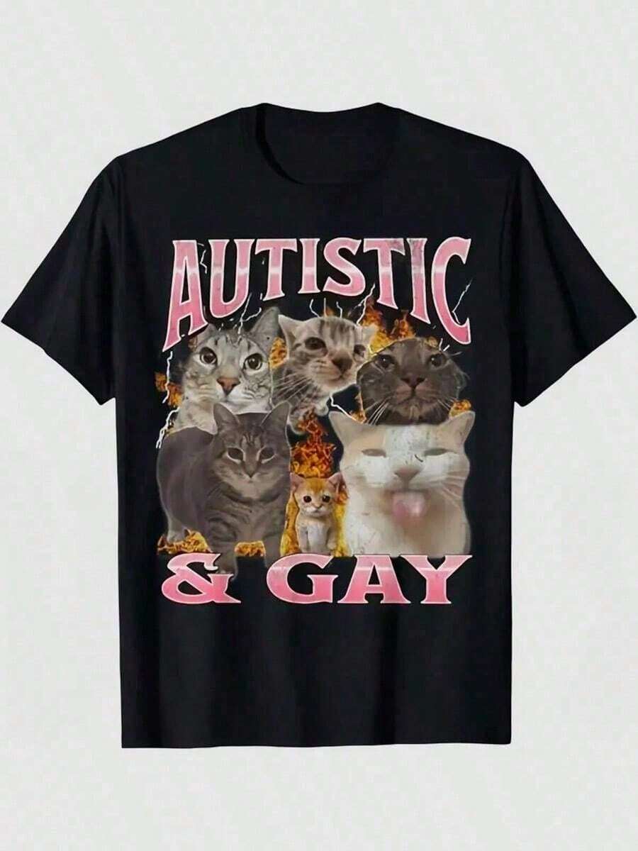 Camiseta Gráfica Humorística con Meme de Gato para Hombres Autistas y Gay - Negra con Letras Rosadas y Diseño Felino Divertido, Corte Regular, Manga Corta, Casual para Adultos, Lavable a Máq - Blanco - Ver 1