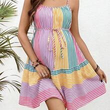 WNSS  Vestido corto casual de maternidad con tirantes finos y diseño de rayas multicolor para mujeres embarazadas - Multicolor - Ver 9