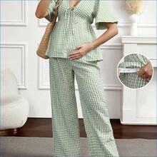 HENG
  Set de 2 piezas: Blusa a cuadros con cordones y pantalones de pierna ancha - Verde - Ver 2