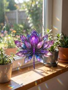 Blue Lotus Dragonfly Dreamcatcher, 2D Acrylic Wall Hanging, Purple Stained Glass Style, Window & Home Decor, Dreamy Starry Art, Boho Aesthetic, Light Catcher Ornament, Indoor Outdoor Decoration - Set - View 4