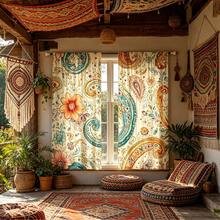 2PCS Bohemian Floral Themed Curtains With Paisley Pattern Design, Pole Pockets, Privacy Protection, Room Decoration Curtains, Living Room Curtains, Versatile Decorative Curtains, Machine Washable, Suitable For All Seasons,Excluding Straps - Multicolor - View 7