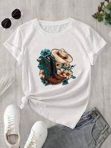 Un top de manga corta con cuello redondo para mujer combinado con botas vaqueras y un top de manga corta con estampado floral, apto para todas las estaciones. - Blanco - Ver 1
