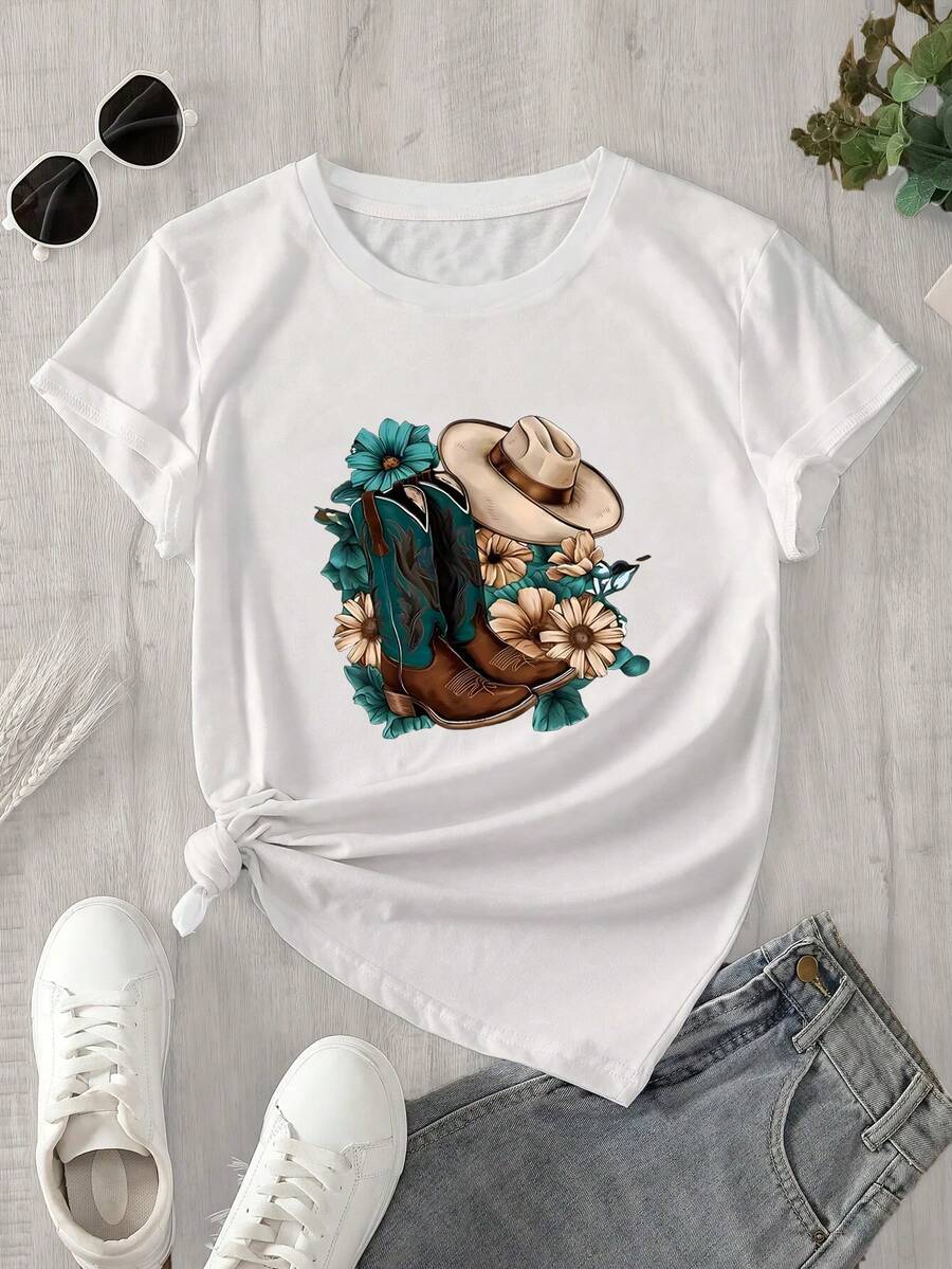 Un top de manga corta con cuello redondo para mujer combinado con botas vaqueras y un top de manga corta con estampado floral, apto para todas las estaciones. - Blanco - Ver 1