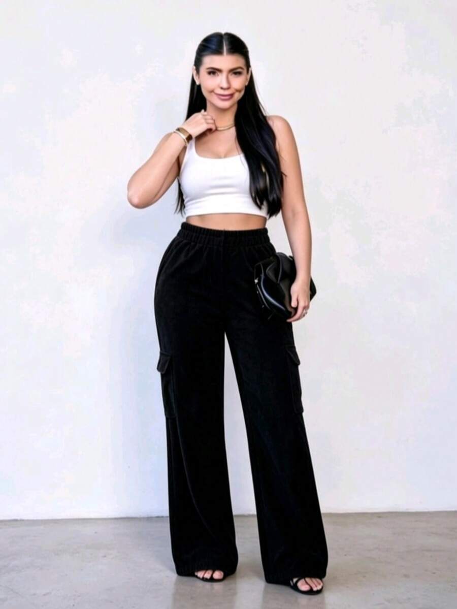 Comfortable Velvet Cargo Wide-Leg Pants For Winter - Negro - Ver 1